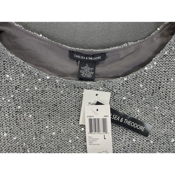 Chelsea & Theodore Women’s Large Sweater 3/4 Sleeve Sequins Gray Chiffon Liner - Picture 3 of 8